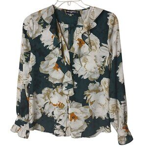 Karl Lagerfeld Paris Top Womans Sz M Floral Ruffle Blouse Pearl Button Sheer D35